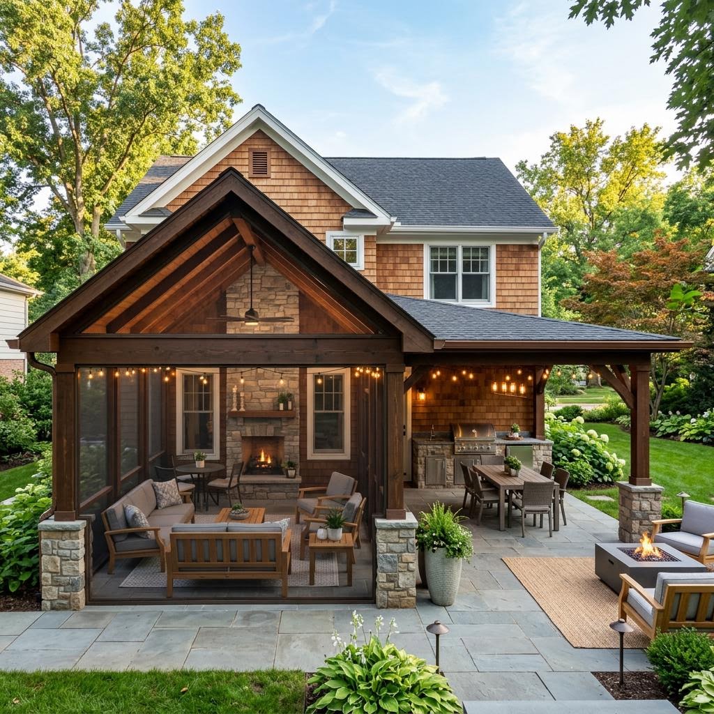 Patio, pergola, and screened porch outdoor living space in Credit River, MN